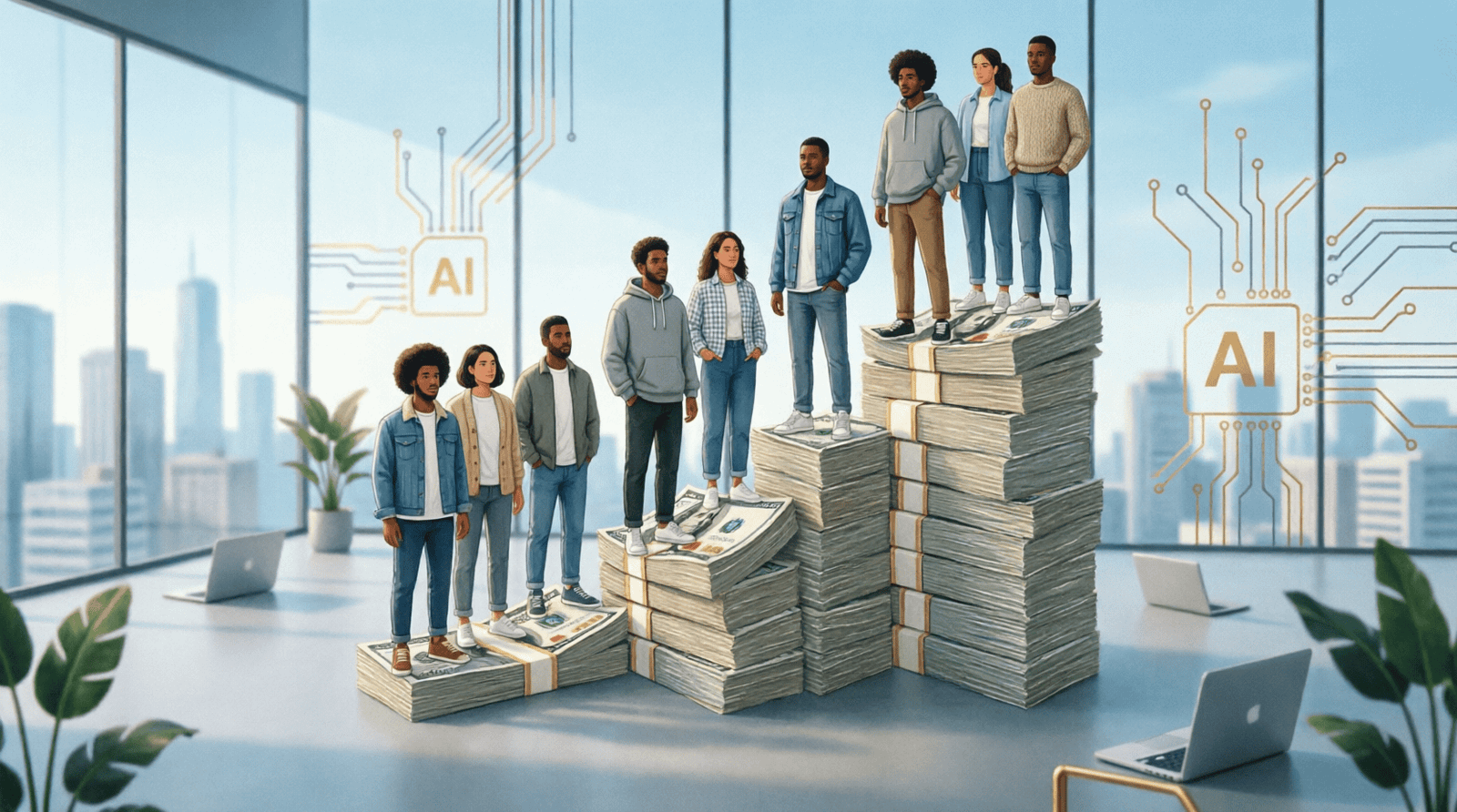 New AI billionaires 2026 — diverse founders rising on wealth chart second wave