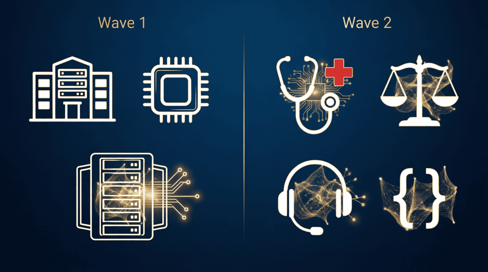 Wave 1 vs Wave 2 AI billionaires 2026 — chips infrastructure versus application layer industries