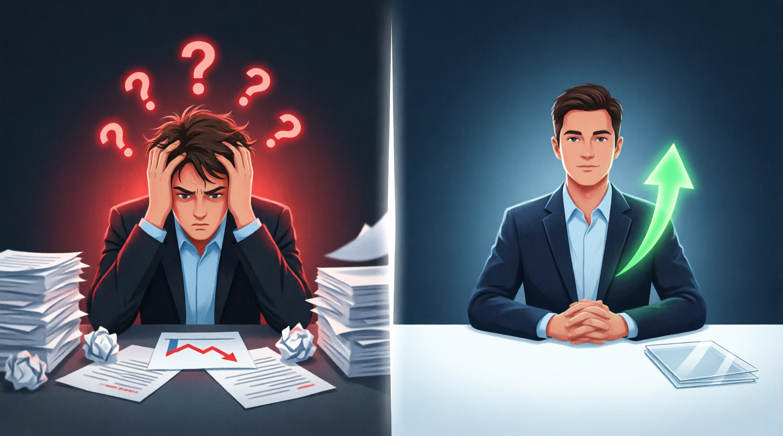 Split illustration showing a stressed leader versus a calm leader who knows how to make hard decisions as a leader using a clear framework
