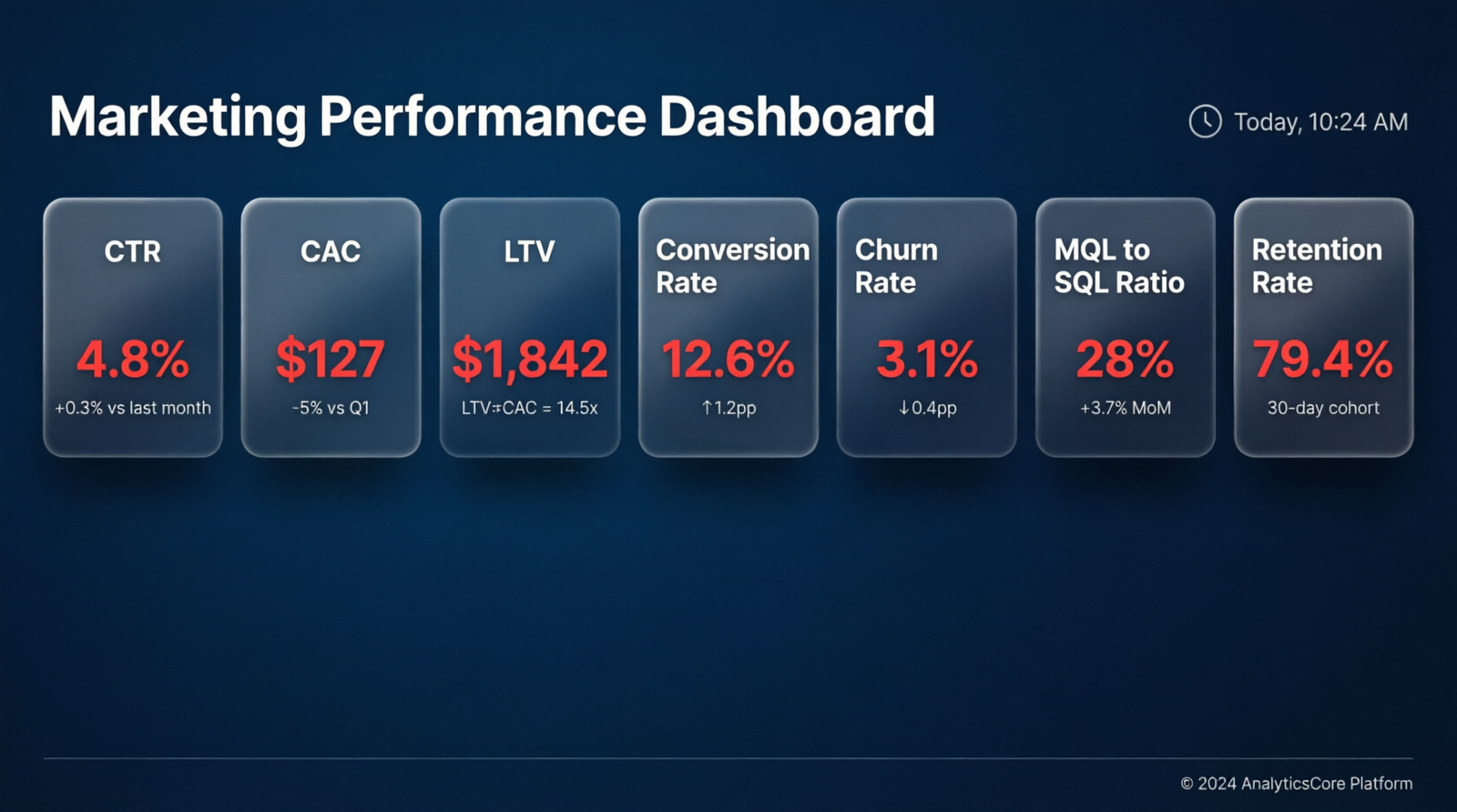 growth marketing funnel metrics dashboard showing 7 key performance indicators