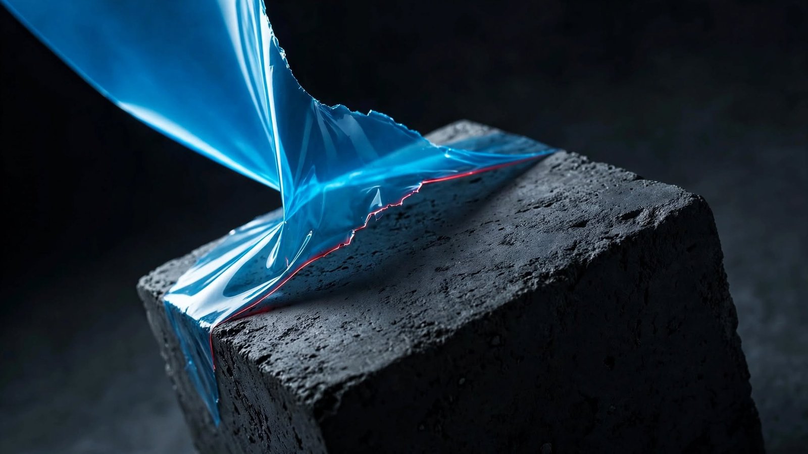 AI Wrapper vs Deep Tech Startup 2026 — thin plastic peeling from a solid concrete block, illustrating the fragility of wrapper businesses