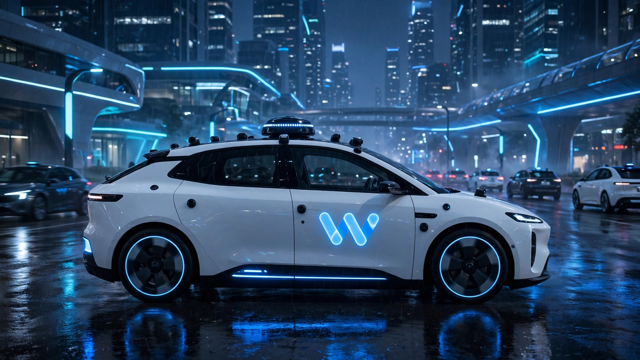 Waymo robotaxi driving through city streets at night — Waymo funding round 2026