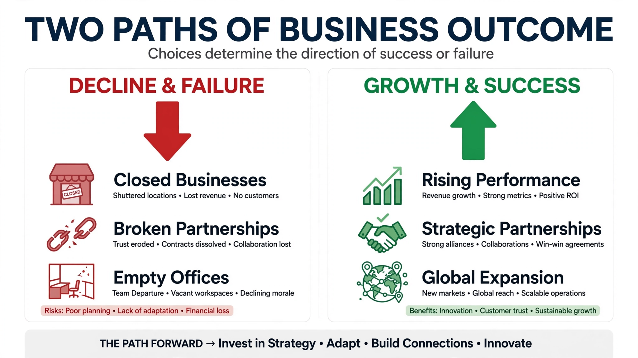 Two business outcome paths — failure vs survival — Global Business Failure Report 2026