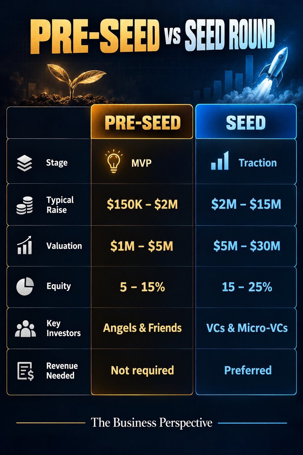 Pre-Seed vs Seed Round infographic — key differences 2026