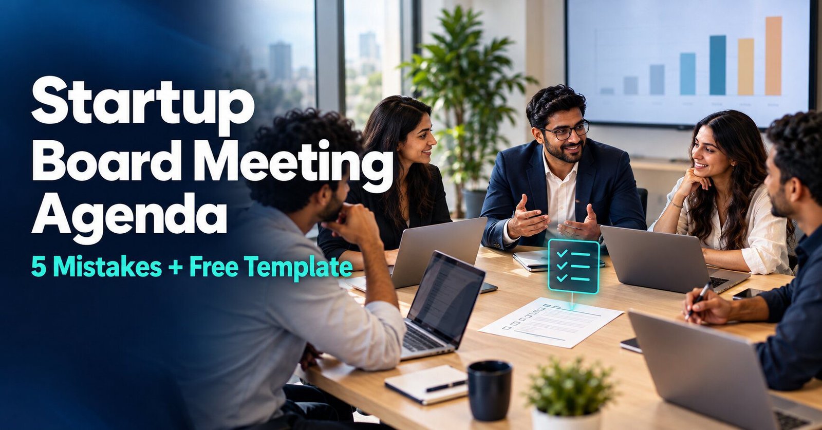 Founders reviewing a startup board meeting agenda around a boardroom table
